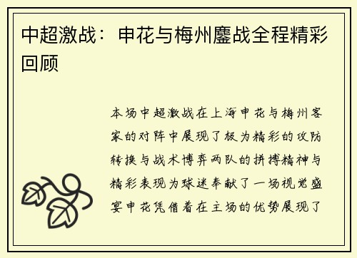 中超激战：申花与梅州鏖战全程精彩回顾